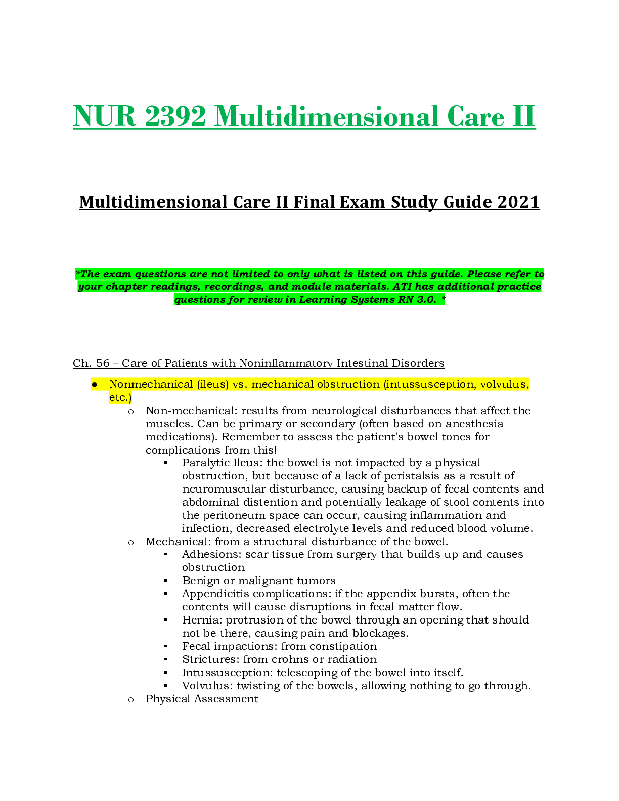 NUR 2392 / NUR2392 Multidimensional Care II / MDC 2 Final Exam Study Guide Updated - Rasmussen